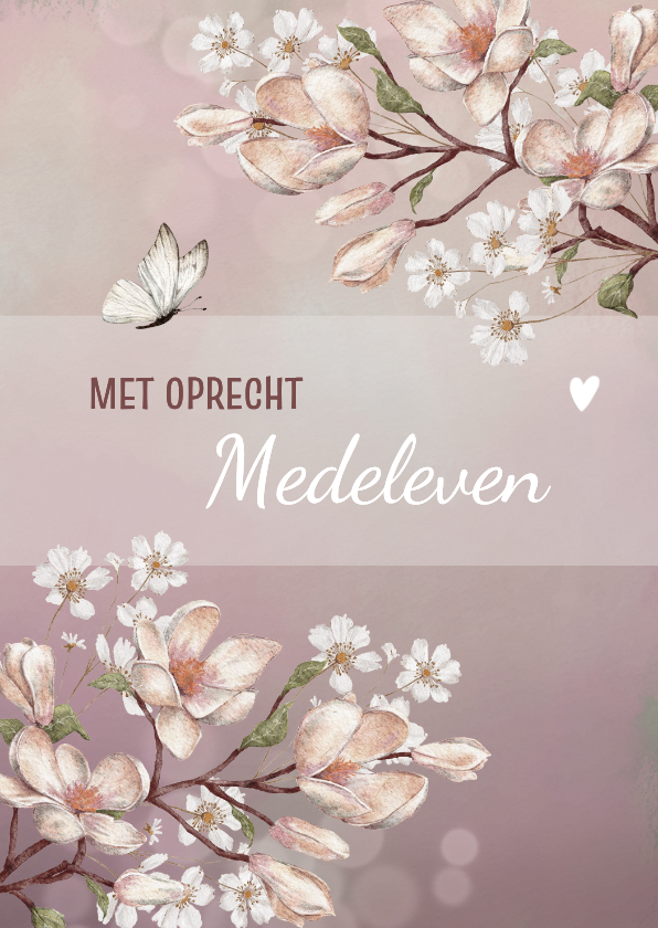 Condoleancekaart bloesem met witte vlinders en hartjes - Condoleancekaarten Condoleancekaarten - Condoleancekaart bloesem met witte vlinders en hartjes