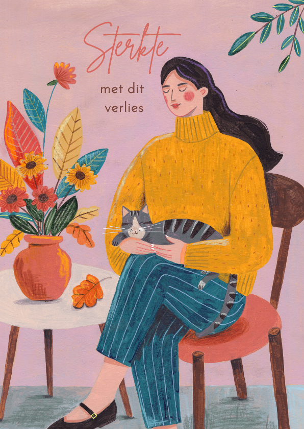 Condoleancekaarten - Condoleancekaart sterkte kaart vrouw kat illustratie