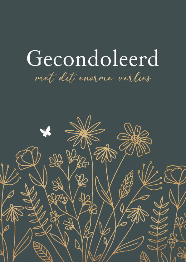 Condoleancekaart stijlvol bloemen goud vlinder herinneringen - Condoleancekaarten Condoleancekaarten - Condoleancekaart stijlvol bloemen goud vlinder herinneringen