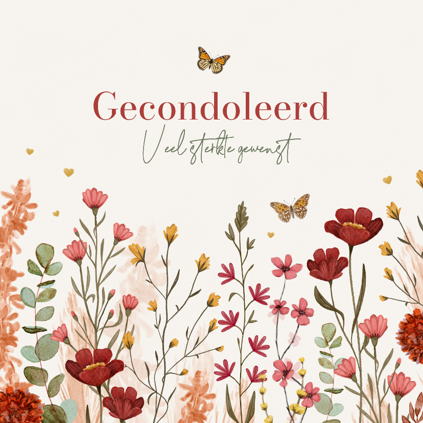 Condoleancekaart wilde bloemen vlinders hartjes - Condoleancekaarten Condoleancekaarten - Condoleancekaart wilde bloemen vlinders hartjes
