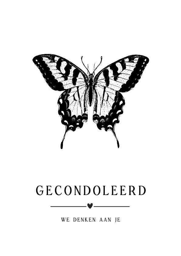 Moderne condoleance kaart met een zwart-witte vlinder - Condoleancekaarten Condoleancekaarten - Moderne condoleance kaart met een zwart-witte vlinder