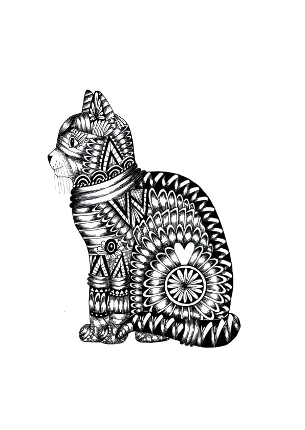 Dierenkaart Kat zwart-wit illustratie - Dierenkaarten Dierenkaarten - Dierenkaart Kat zwart-wit illustratie