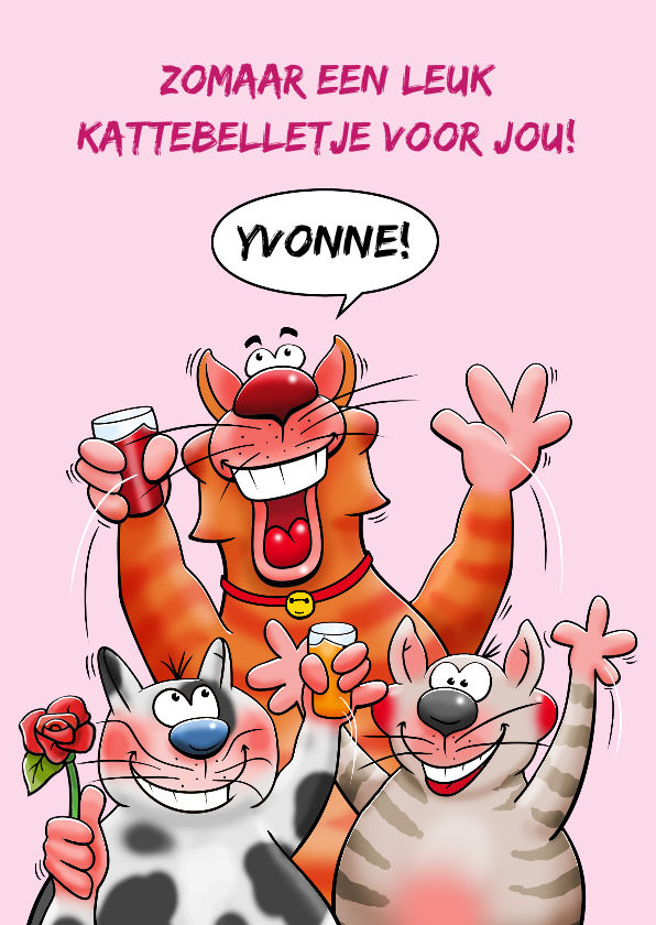 Dierenkaarten - Leuke dierenkaart met 3 poezen en aan binnenzijde bos rozen