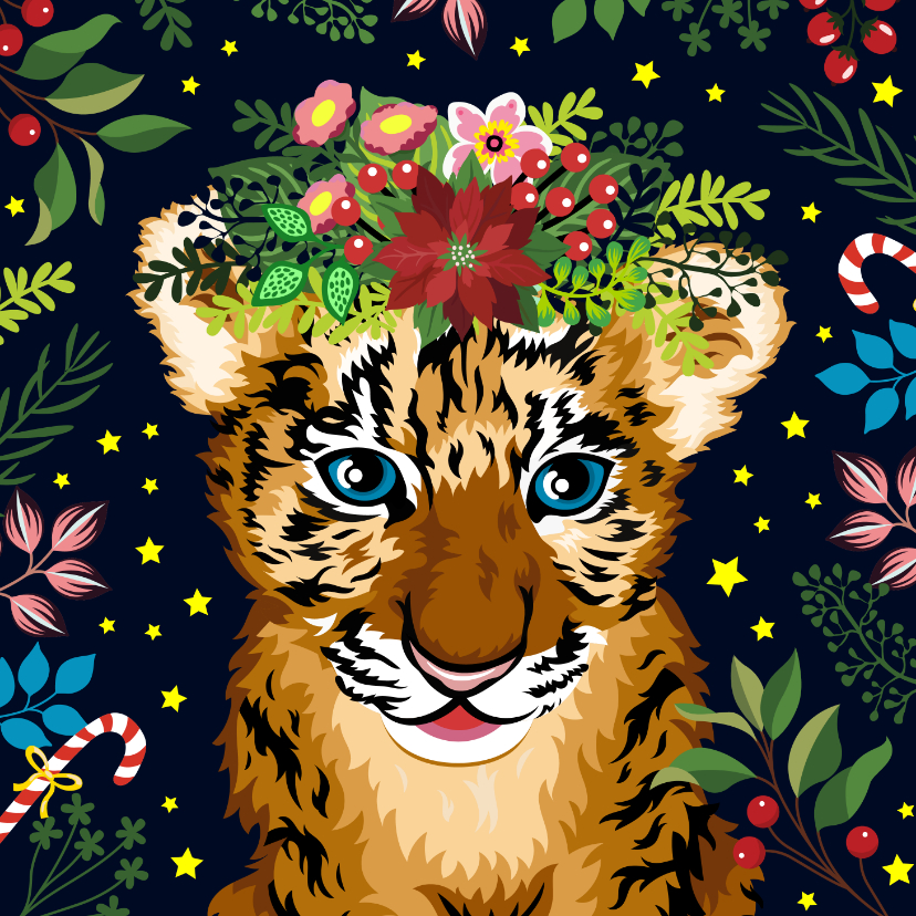 Dierenkaarten - Lieve tijger kerstkaart met bloemen