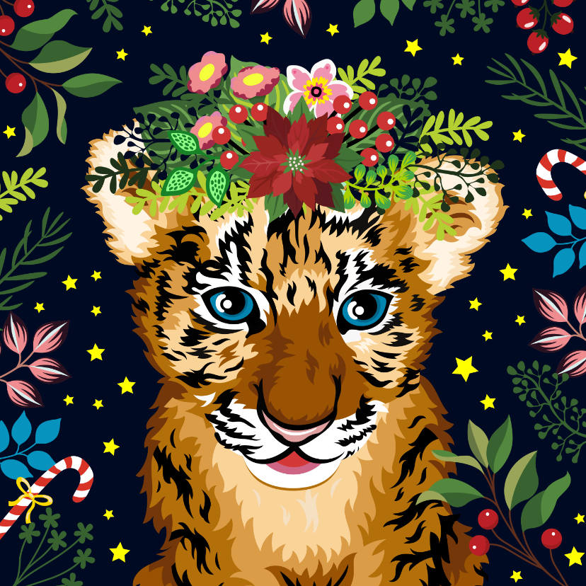 Lieve tijger kerstkaart met bloemen - Dierenkaarten Dierenkaarten - Lieve tijger kerstkaart met bloemen