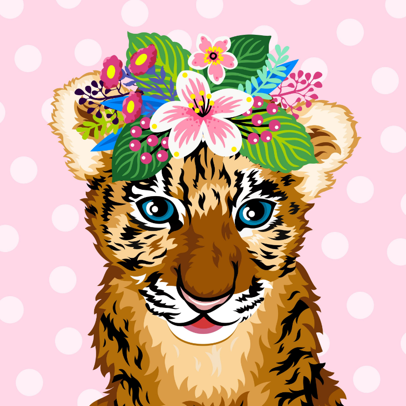Dierenkaarten - Verjaardagskaart lieve baby tijger bloemen