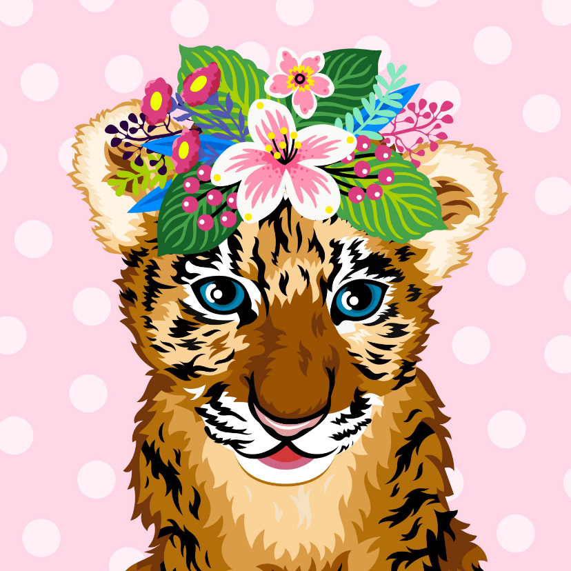 Verjaardagskaart lieve baby tijger bloemen - Dierenkaarten Dierenkaarten - Verjaardagskaart lieve baby tijger bloemen