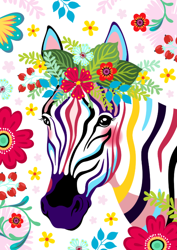 Vrolijke hippe verjaardagskaart zebra met bloemen. - Dierenkaarten Dierenkaarten - Vrolijke hippe verjaardagskaart zebra met bloemen.