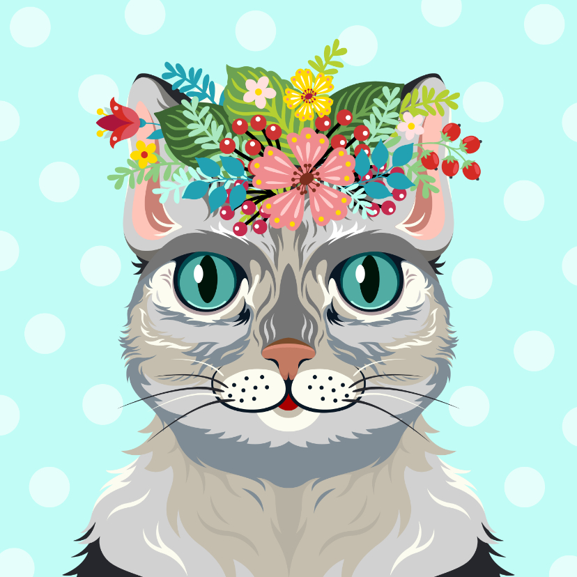Dierenkaarten - Vrolijke kat dierenkaart met botanisch thema