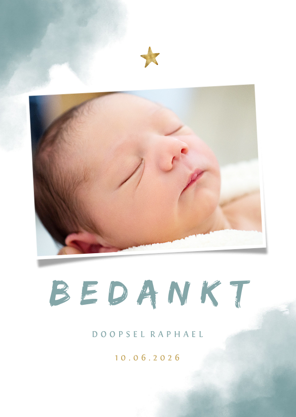 Bedankkaartje doop blauwe waterverf, ster en foto - Doopkaarten Doopkaarten - Bedankkaartje doop blauwe waterverf, ster en foto
