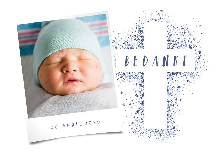 Doop bedankkaart foto blauw kruis verfspetters - Doopkaarten Doopkaarten - Doop bedankkaart foto blauw kruis verfspetters