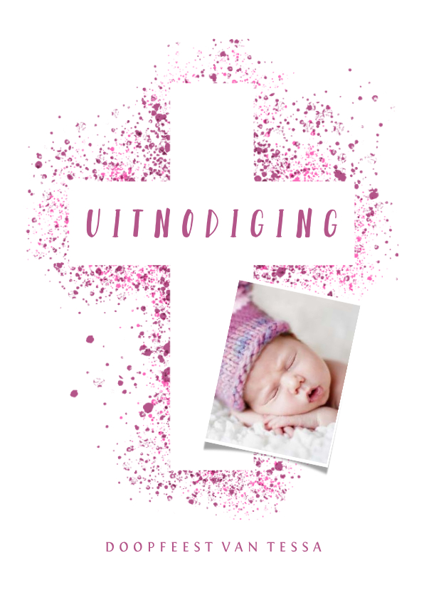 Doopfeest uitnodiging foto roze kruis verfspetters - Doopkaarten Doopkaarten - Doopfeest uitnodiging foto roze kruis verfspetters