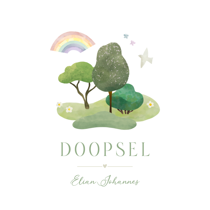 Doopkaarten - Doopkaart bomen, regenboog en duifje