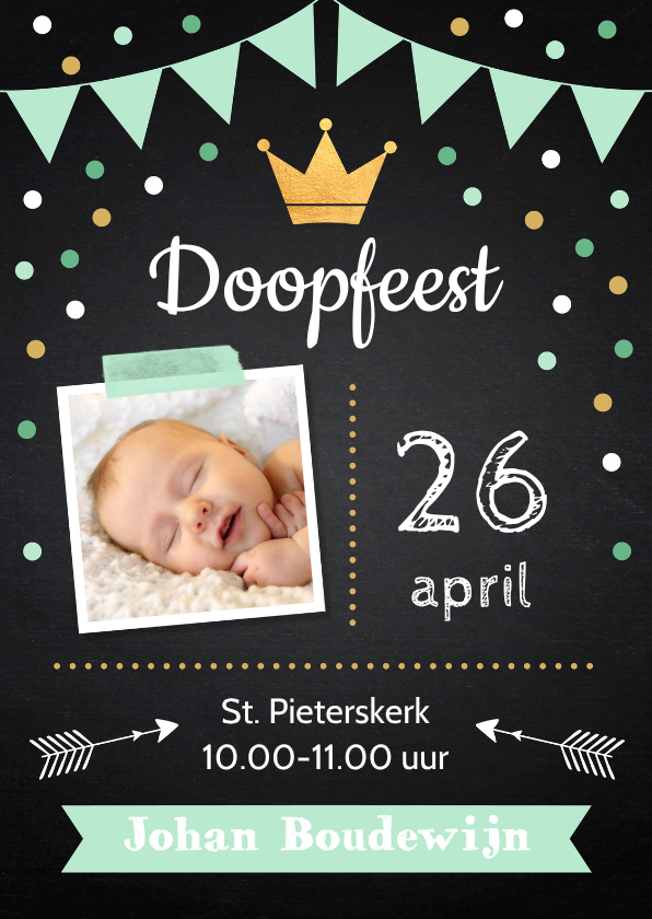 Doopkaart krijtbord confetti foto jongen - Doopkaarten Doopkaarten - Doopkaart krijtbord confetti foto jongen