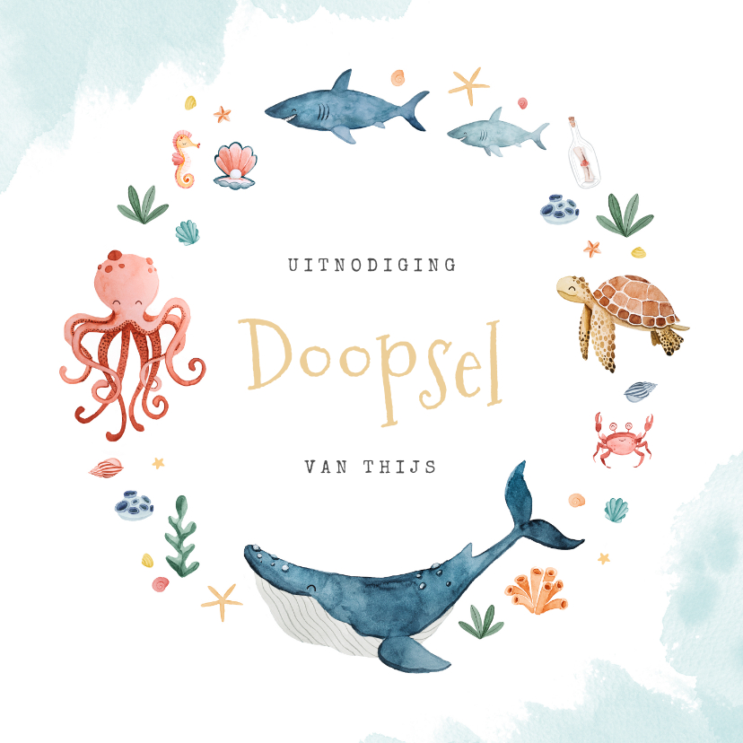 Doopkaarten - Doopkaart uitnodiging doopsel oceaan dieren walvis