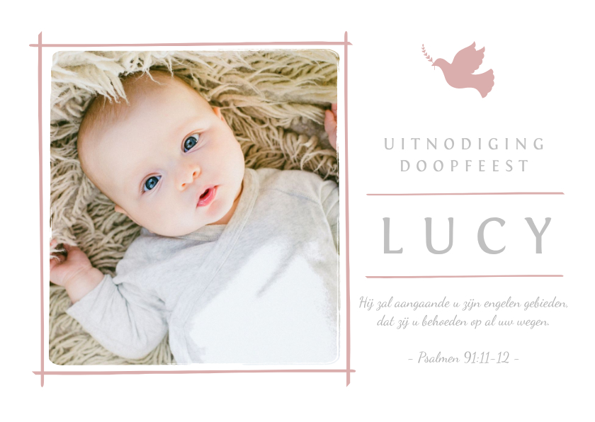 Doopkaart uitnodiging foto duifje roze - Doopkaarten Doopkaarten - Doopkaart uitnodiging foto duifje roze