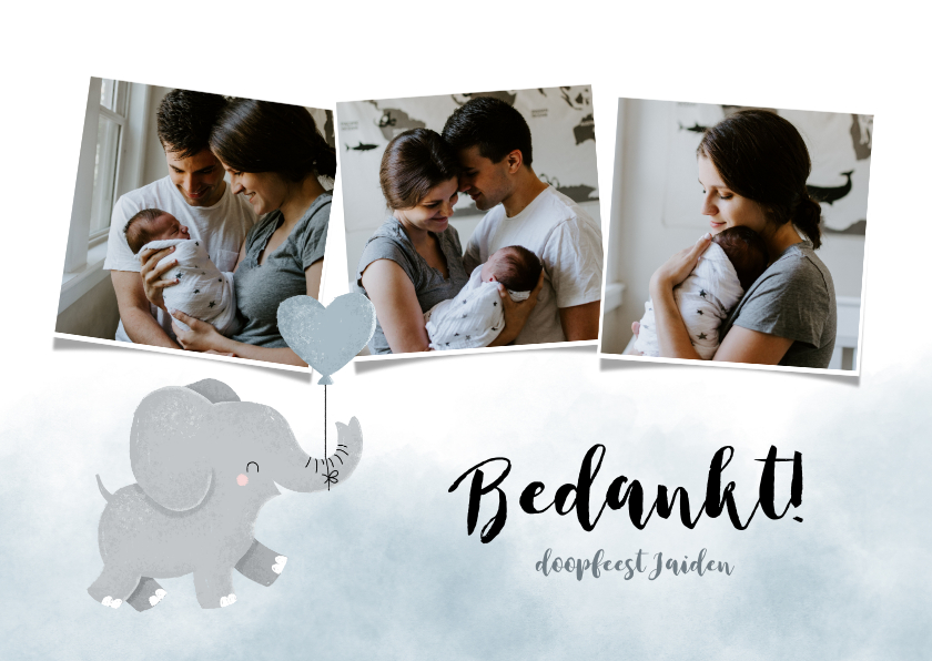 Doopkaarten - Lieve bedankkaart voor een doopfeest met foto's en olifantje
