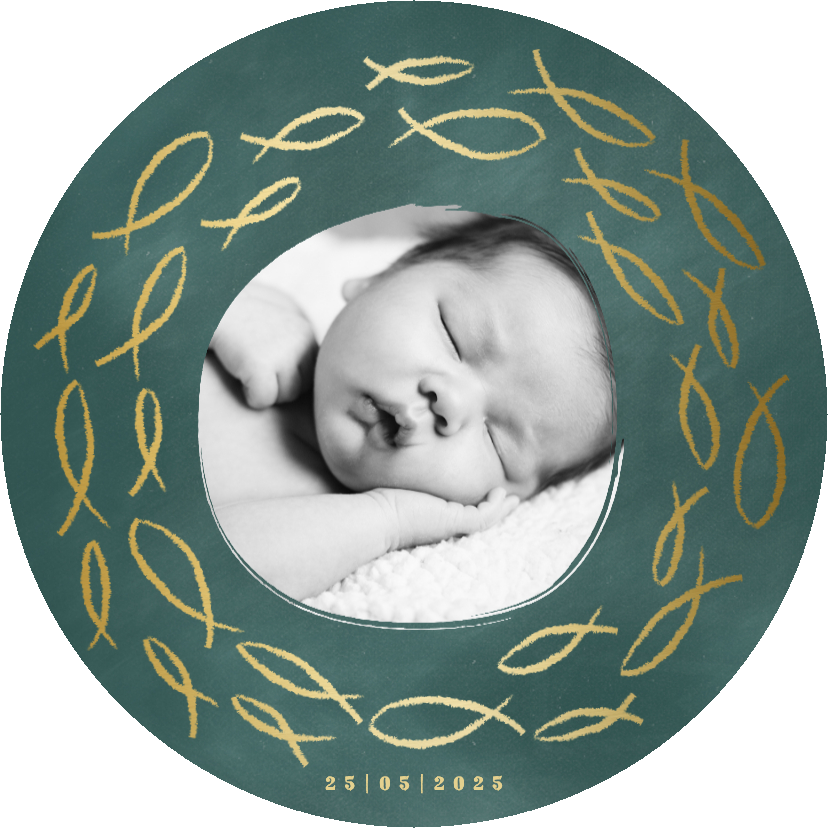 Ronde doopkaart foto en gouden visjes - Doopkaarten Doopkaarten - Ronde doopkaart foto en gouden visjes