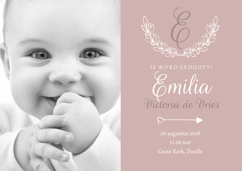 Uitnodiging doop foto & initaal oudroze - Doopkaarten Doopkaarten - Uitnodiging doop foto & initaal oudroze