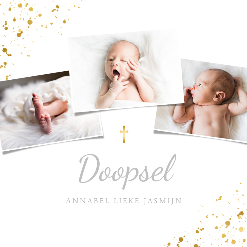 Uitnodiging doopsel fotocollage goudspetters - Doopkaarten Doopkaarten - Uitnodiging doopsel fotocollage goudspetters