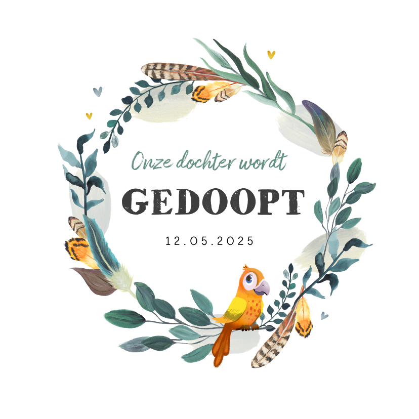 Uitnodiging doopviering met veren bloemenkrans en vogel - Doopkaarten Doopkaarten - Uitnodiging doopviering met veren bloemenkrans en vogel