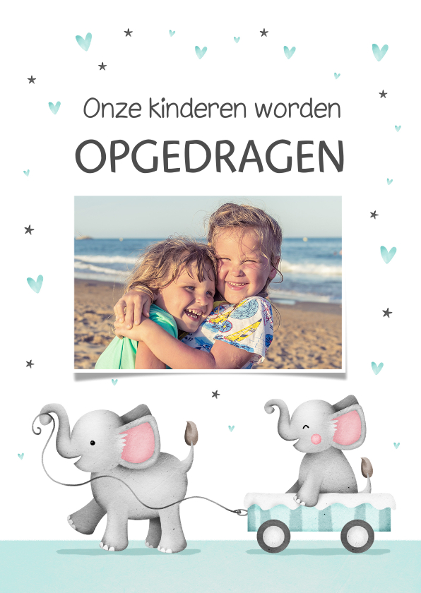 Doopkaarten - Uitnodiging opdragen van kinderen met olifanten en hartjes