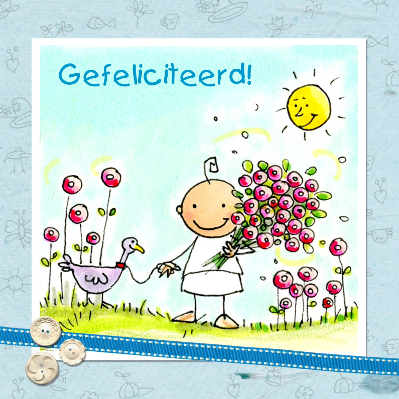 Baby met bos bloemen en eend - Felicitatiekaarten Felicitatiekaarten - Baby met bos bloemen en eend
