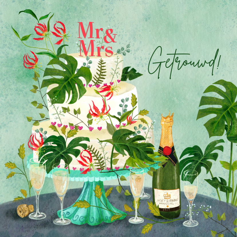 Felicitatiekaarten - Botanisch versierde bruidstaart met champagne