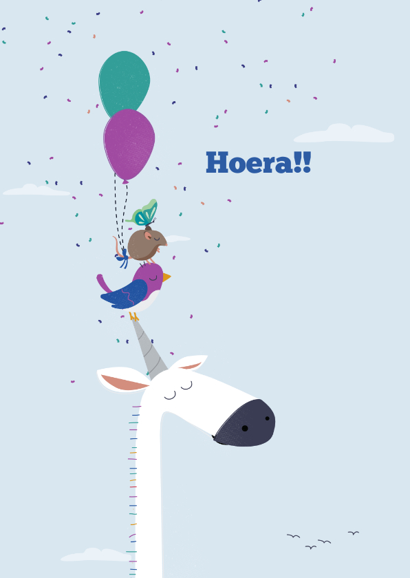 Feestkaart eenhoorn met vogel, muis en vlinder - Felicitatiekaarten Felicitatiekaarten - Feestkaart eenhoorn met vogel, muis en vlinder