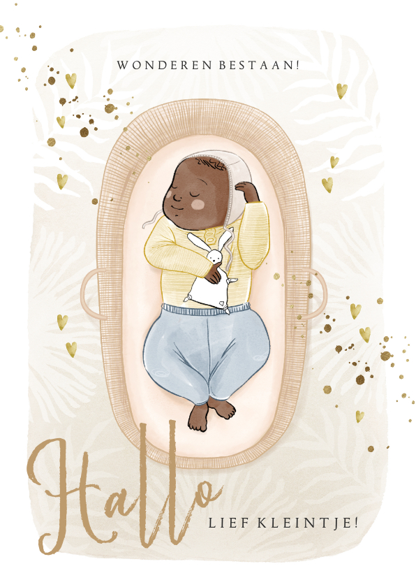 Feliciatiekaart geboorte baby in mozesmandje watercolour - Felicitatiekaarten Felicitatiekaarten - Feliciatiekaart geboorte baby in mozesmandje watercolour