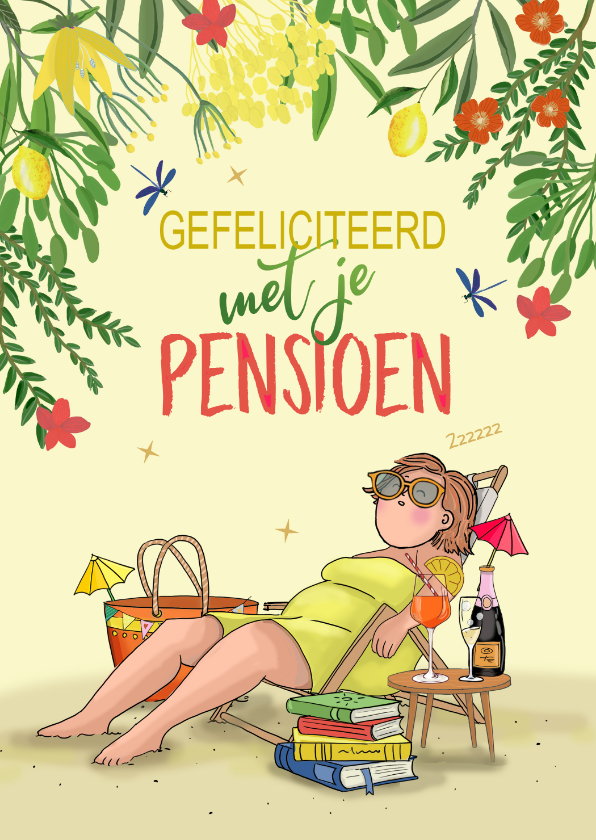 Feliciatiekaart pensioen vrouw in strandstoel - Felicitatiekaarten Felicitatiekaarten - Feliciatiekaart pensioen vrouw in strandstoel