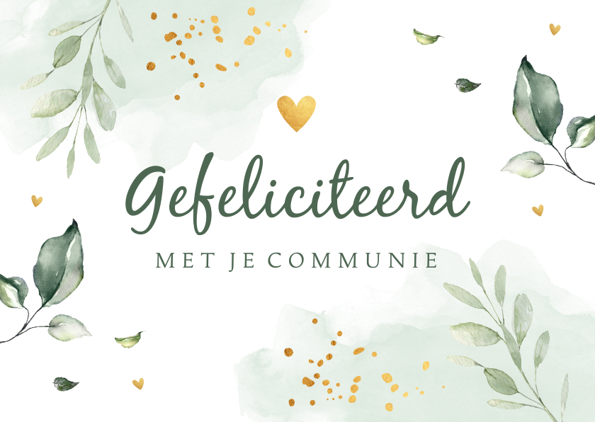 Felicitatiekaarten - Felicitatie communie floral waterverf bladeren