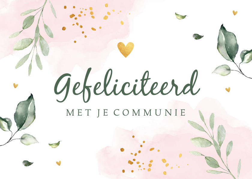 Felicitatiekaarten - Felicitatie communie meisje waterverf roze bladeren