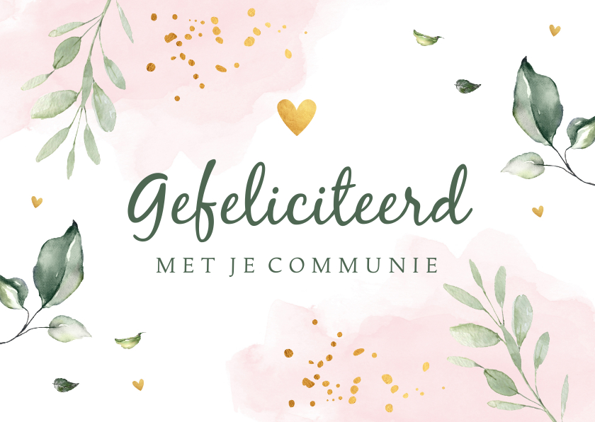 Felicitatie communie meisje waterverf roze bladeren - Felicitatiekaarten Felicitatiekaarten - Felicitatie communie meisje waterverf roze bladeren