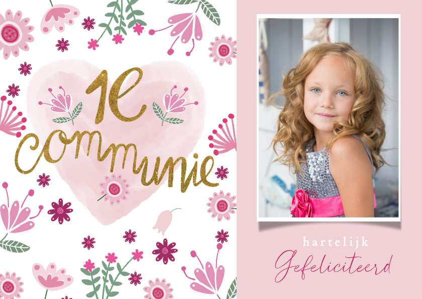 Felicitatiekaarten - Felicitatie communie roze hart