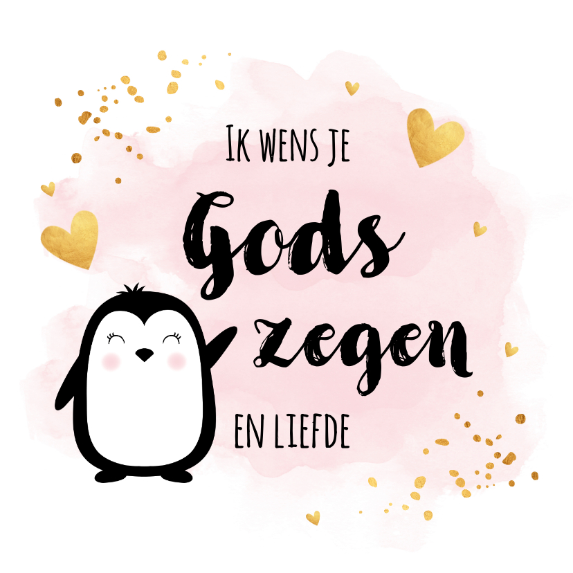 Felicitatiekaarten - Felicitatie Communie waterverf roze pinguïn