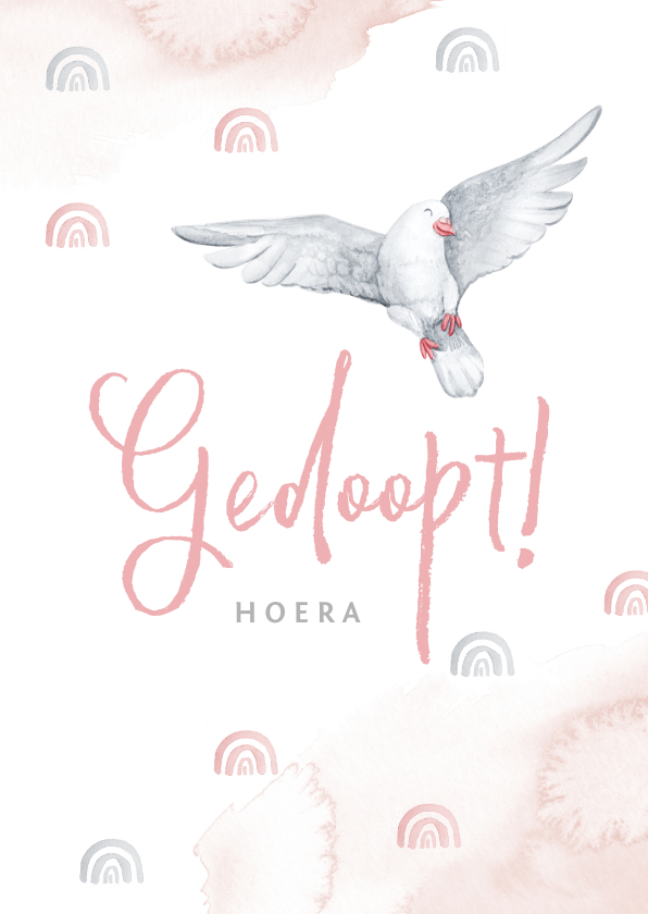Felicitatiekaarten - Felicitatie doopsel meisje witte duif regenboogjes roze
