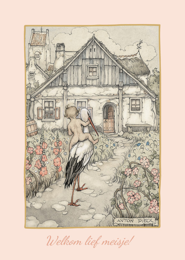 Felicitatiekaarten - Felicitatie geboorte Anton Pieck ooievaar met baby naar huis