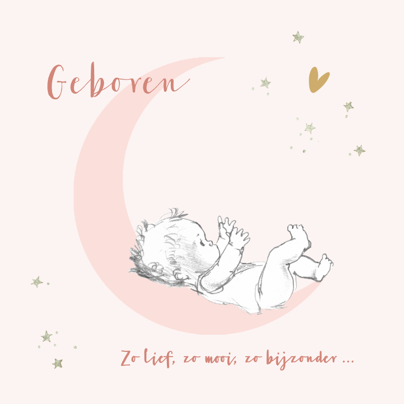 Felicitatiekaarten - Felicitatie geboorte baby op roze maan met sterren