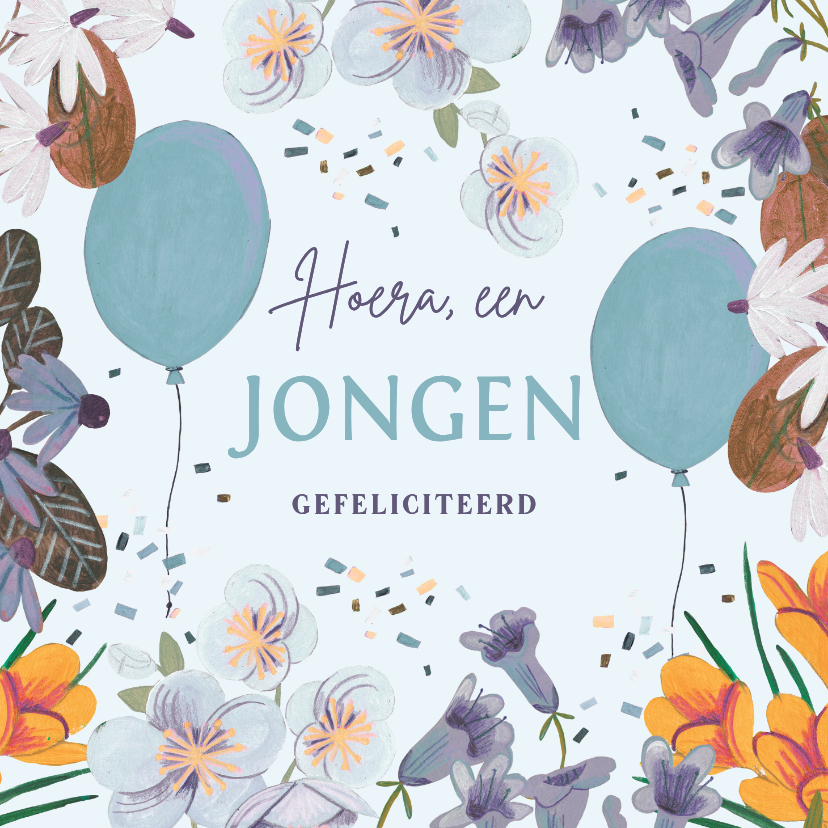 Felicitatie geboorte bloemen en ballonnen blauw - Felicitatiekaarten Felicitatiekaarten - Felicitatie geboorte bloemen en ballonnen blauw