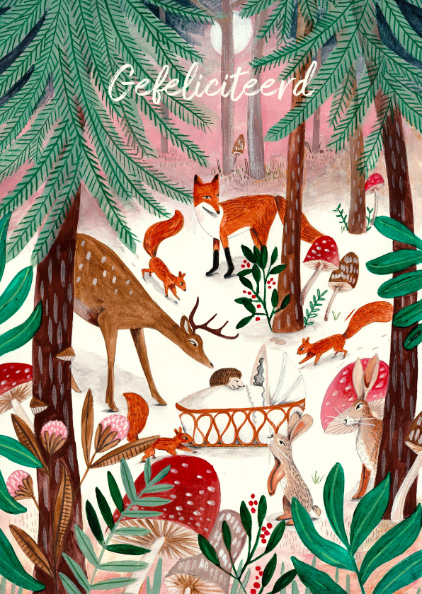 Felicitatie geboorte dieren in het bos bij wiegje - Felicitatiekaarten Felicitatiekaarten - Felicitatie geboorte dieren in het bos bij wiegje