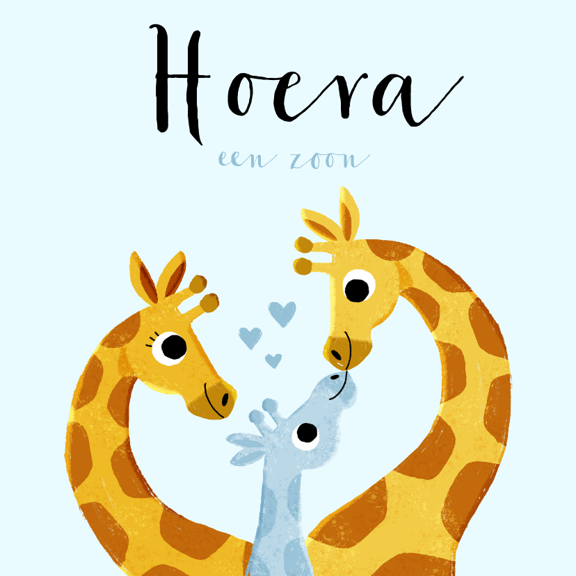 Felicitatiekaarten - Felicitatie geboorte jongen met 3 giraffes en hartjes