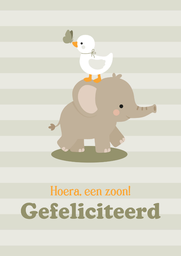 Felicitatie geboorte jongen met olifant en eendje - Felicitatiekaarten Felicitatiekaarten - Felicitatie geboorte jongen met olifant en eendje
