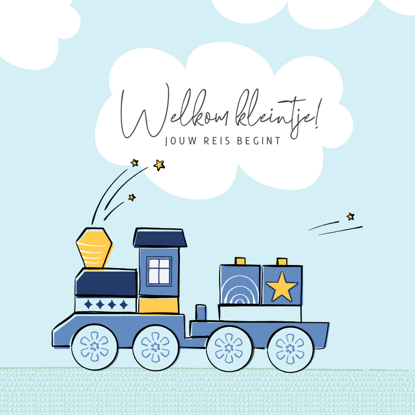 Felicitatie geboorte jongen met stoere blauwe speelgoedtrein - Felicitatiekaarten Felicitatiekaarten - Felicitatie geboorte jongen met stoere blauwe speelgoedtrein