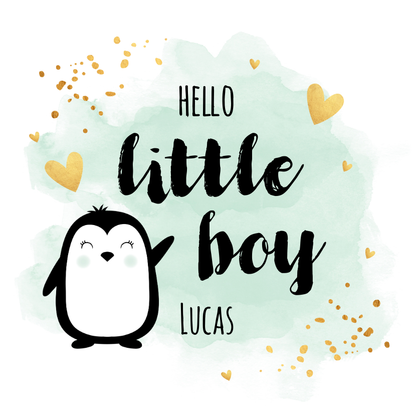 Felicitatiekaarten - Felicitatie geboorte jongen pinguïn waterverf groen
