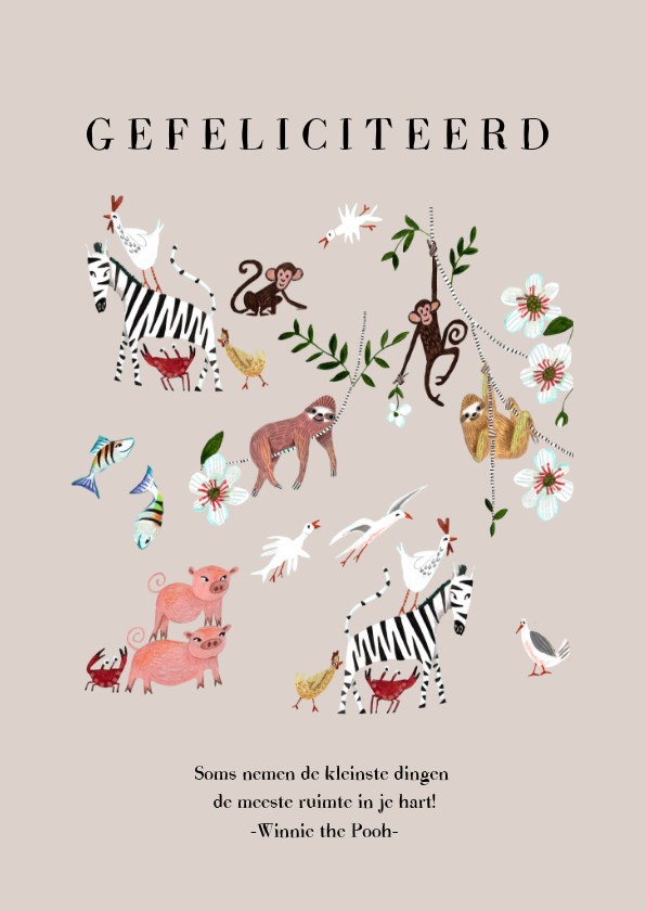 Felicitatiekaarten - Felicitatie geboorte meisje dieren jungle luiaard