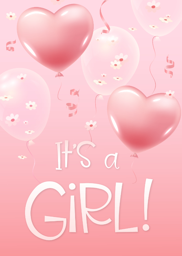 Felicitatie geboorte meisje hartjes en bloesem 3d ballonnen - Felicitatiekaarten Felicitatiekaarten - Felicitatie geboorte meisje hartjes en bloesem 3d ballonnen