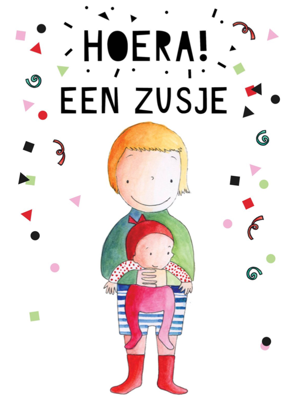 Felicitatiekaarten - Felicitatie geboorte meisje met illustratie jongen en zusje