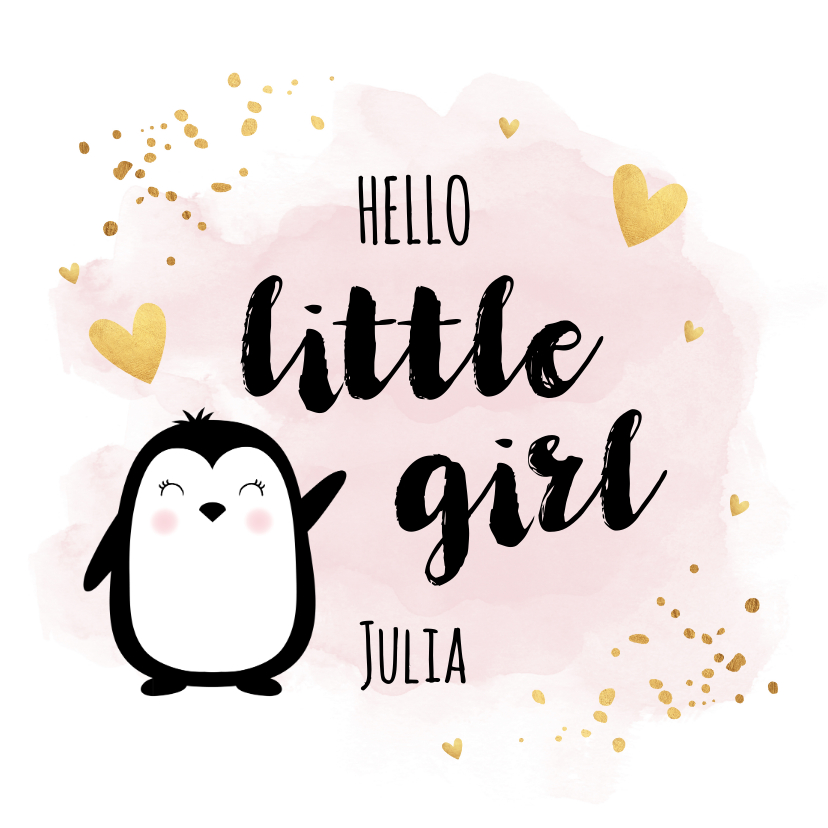 Felicitatiekaarten - Felicitatie geboorte meisje pinguïn waterverf roze goudlook