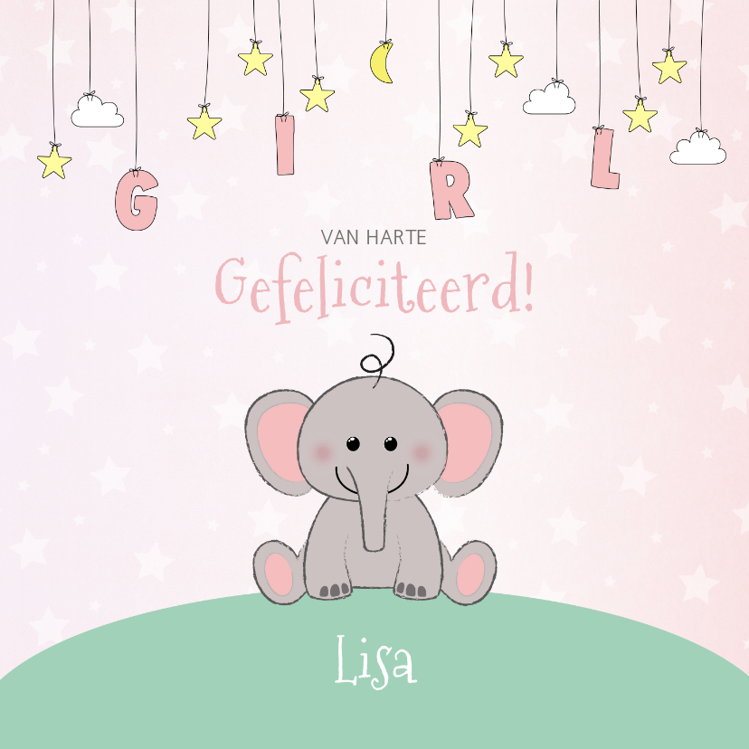 Felicitatiekaarten - Felicitatie geboorte meisje  schattig olifantje en sterren